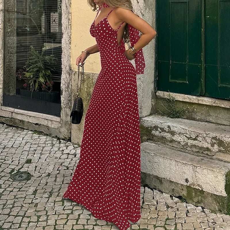 MQTIME  -  Women's French Style Polka Dot Printing Sexy V-neck Camisole Backless Loose Dress Sleeveless Summer Party Gowns
