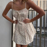 MQTIME  -  Spring New French Country Holiday Style Lace Ruffle Waist Floral Dress Short Skirt