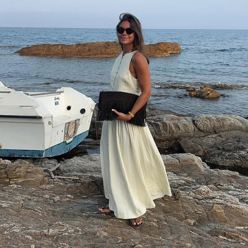 MQTIME  -  Casual Solid Vest Pleated Skirt Set Women Sleeveless Button Patchwork Tops A-line Skirts Sets Female 2025 Summer Beach Lady Suit