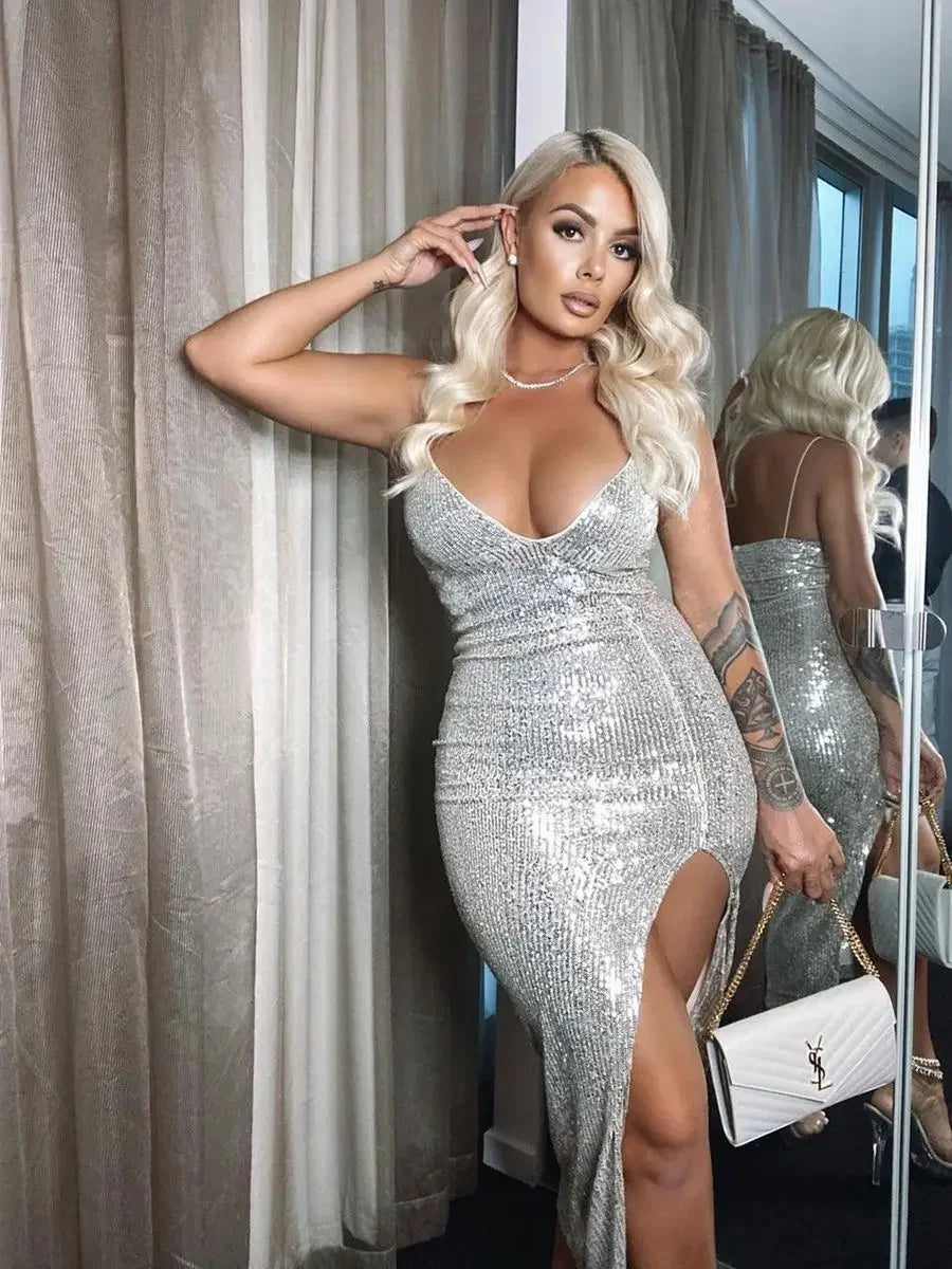 MQTIME  -  Women's Sexy Evening Party Sequined Glitter Silver Deep V-neck Thin Spaghetti Straps High Split Bodycon Long Dress