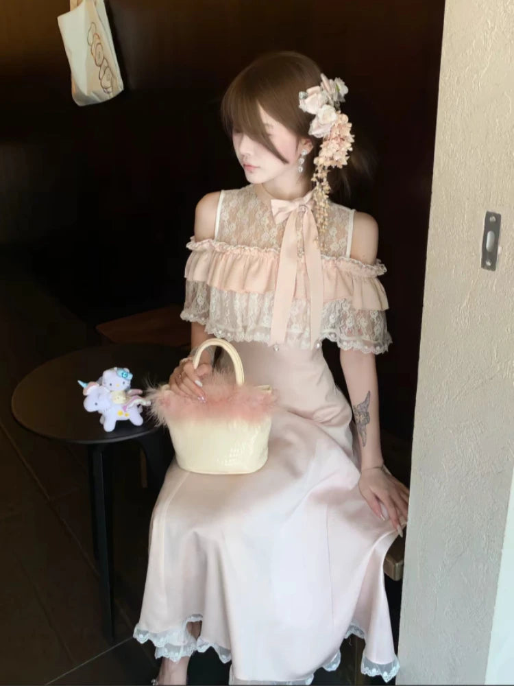 MQTIME  -  Sweet Japanese Pink Fairy Long Dresses Woman French Elegant Lace Patchwork Summer Dress Aesthetic Design Y2k Party Outfits