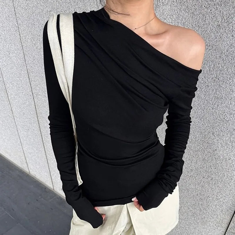 MQTIME  -  Slim Solid Pleated Slant Collar T-Shirts Ladies Street Casual Basic Pullover Tees Slanted Shoulders Long Sleeve Tops For Women