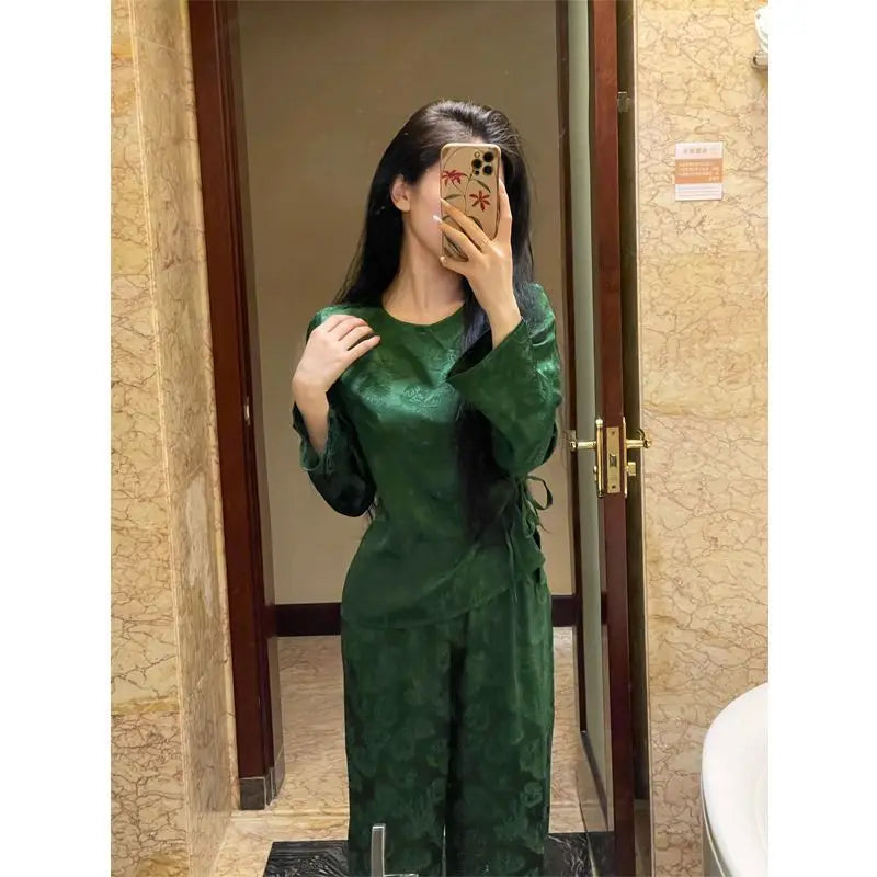 MQTIME  -  Spring Retro Chinese Style Pink Jacquard Home Dress Chinese Set Classical Fashion Round Neck Skew Collar Pajamas Two-piece Trend