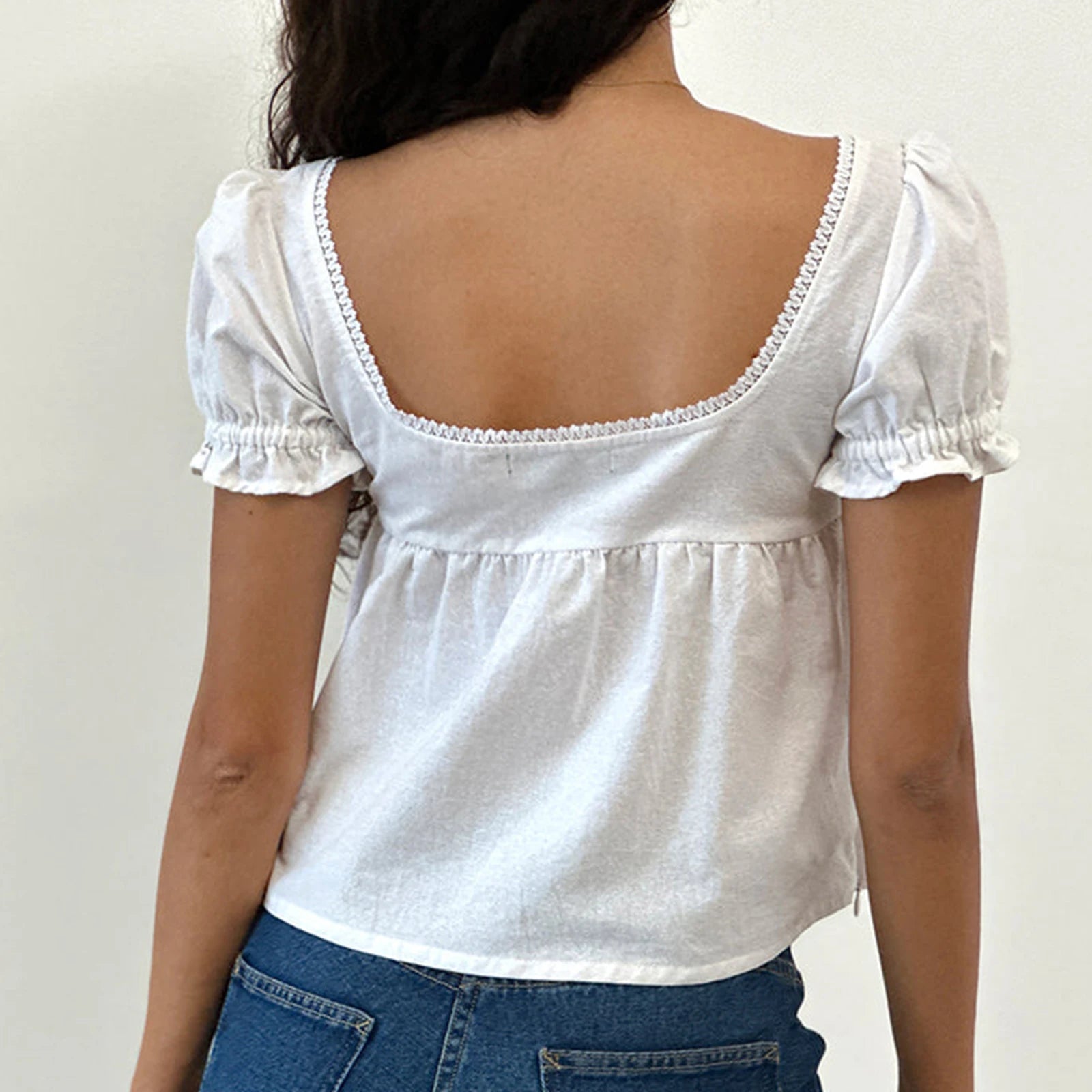 MQTIME  -  Women's Y2K Cute Ruffled Puff Short Sleeve Solid Color Cropped T-Shirts Square Neck Summer Babydoll Tops Streetwear