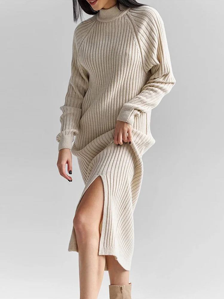 MQTIME  -  Ribbed Knitted Midi Dress Women Fashion High Neck Full Sleeve Side Slit Dresses 2025 Autumn Winter Female Daily Casual New Robe