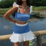 MQTIME  -  Women New Flying Sleeve Cropped Tops&Mini Skirts Set 2025 Summer Contract Color Two Piece Vacation Outfit Female Lace Slim Suit