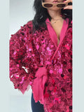 MQTIME  -   Luxury Sequin Oversized Wrap Jacket Fringe Trim Tie-Waist V-Neck Sparkly Coat Women's Casual Party Club Streetwear Outfits