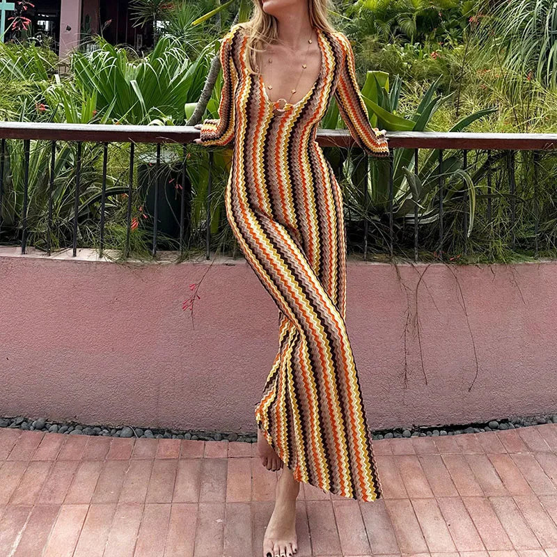 MQTIME  -  Elegant Stripes Print Hollow Out Long Dress Women Sexy V-neck Long Sleeve Wrap Hip Dress Fashion Hight Waist Slim Party Dresses