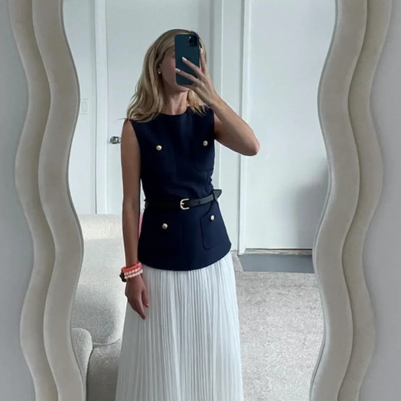 MQTIME  -  Casual Patchwork Pleated Dress Women Office Sashes O-neck Sleeveless Button Dresses Female 2025 Summer Fall Evening Robes Lady