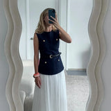 MQTIME  -  Casual Patchwork Pleated Dress Women Office Sashes O-neck Sleeveless Button Dresses Female 2025 Summer Fall Evening Robes Lady