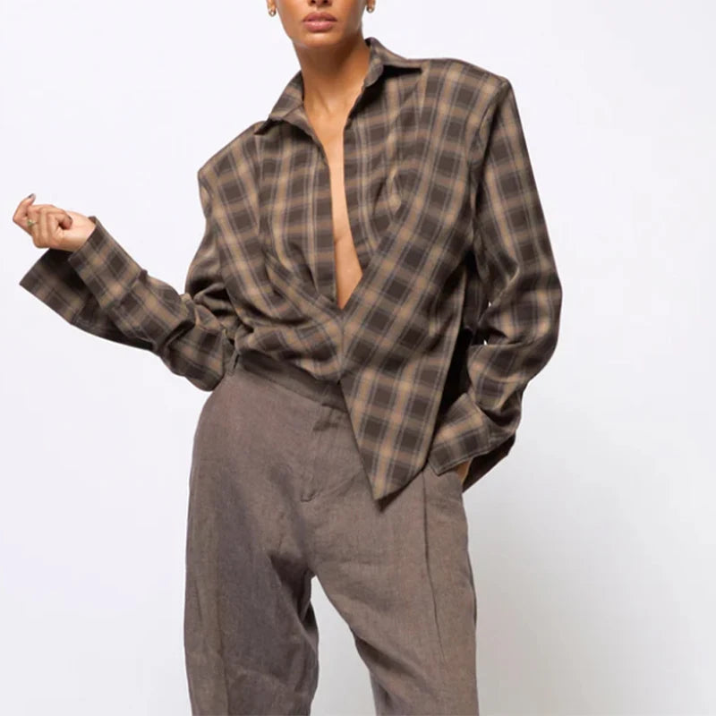 MQTIME  -  Plaid Contrast Collar Irregular Hem Jacket Women Split Single Breasted Shoulder Pads Long Sleeve Street Shirts 2025 Autumn Party