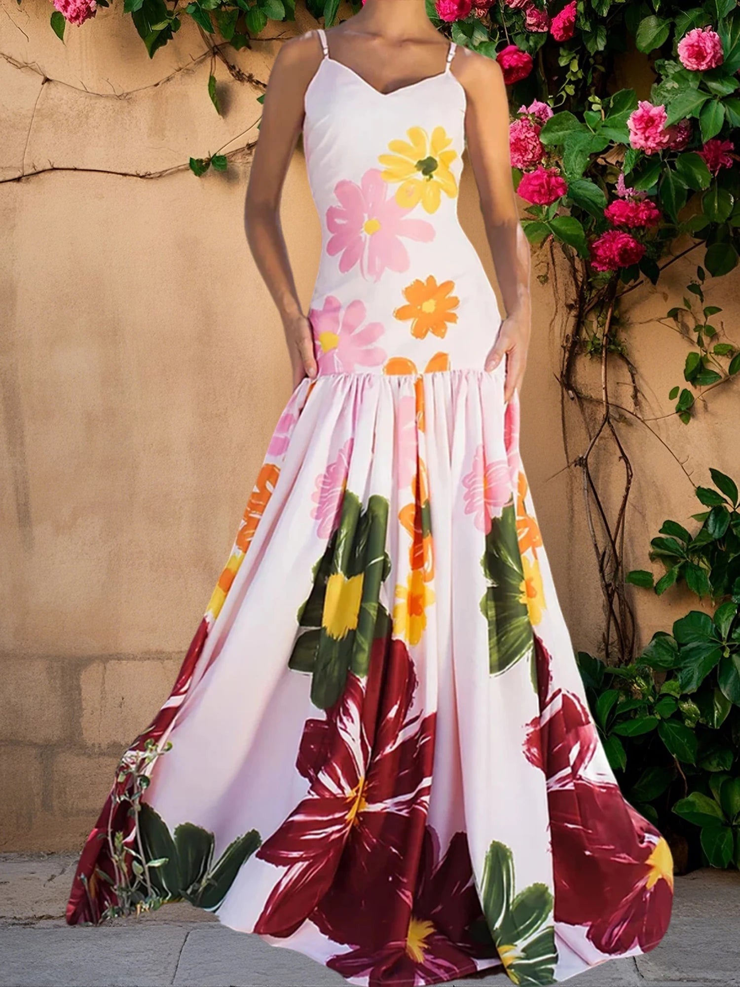 MQTIME  -  Women s Boho Floral Print Spaghetti Strap Maxi Dress Sleeveless Flowy Hem Summer Beach Cami Dress with Pockets
