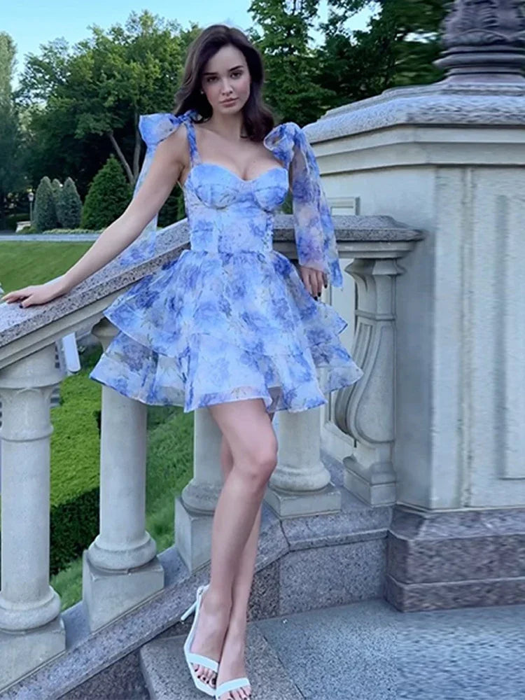 MQTIME  -  Elegant Printed Short Dresses Women Chic Lace Up Sleeveless Puff Dress Female Summer Holiday High Waist Lady Vestidos Beachwear