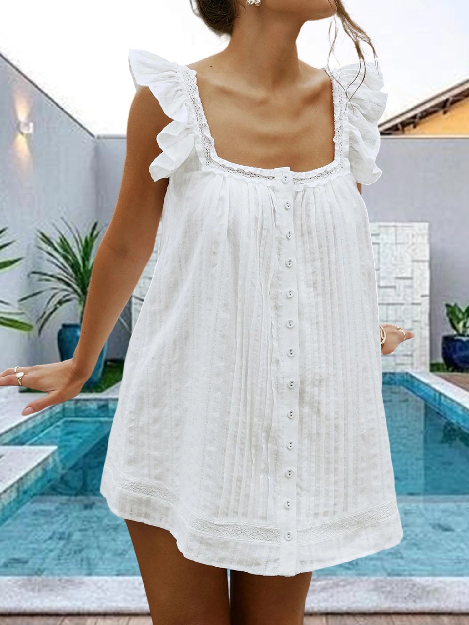 MQTIME  -  Elegant Floral Print Sleeveless V-Neck Mini Dress with Ruffle Detail and Button Front - Summer Pleated A-Line Dress