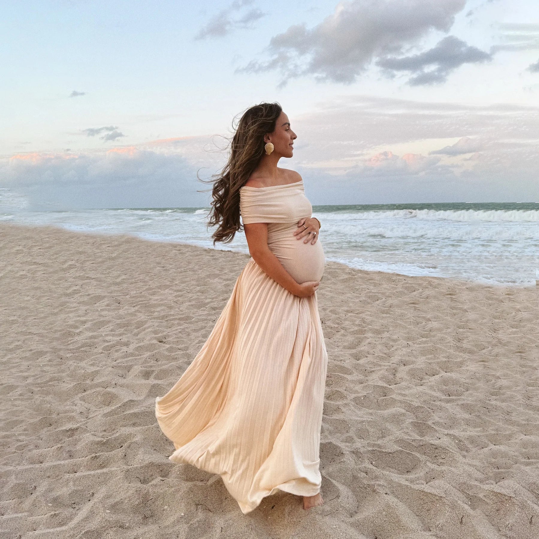 MQTIME  -   Maternity Photoshoot Dress  Baby Shower , Pregnancy Photography Outfit Elegant Off Shoulder Sexy pleated French long skirt