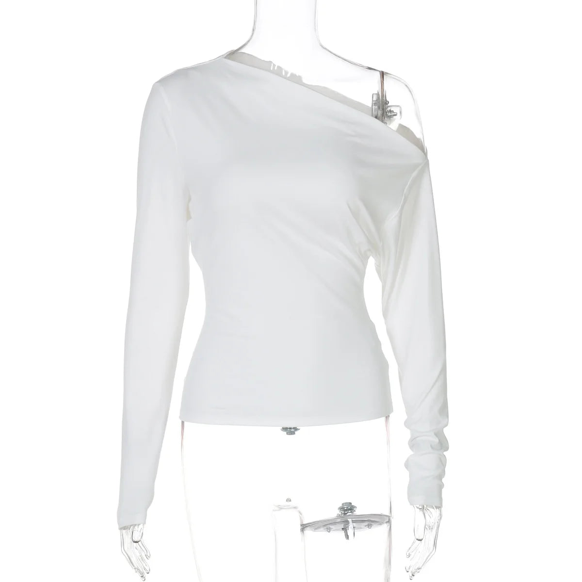 MQTIME  -  Slim Solid Pleated Slant Collar T-Shirts Ladies Street Casual Basic Pullover Tees Slanted Shoulders Long Sleeve Tops For Women