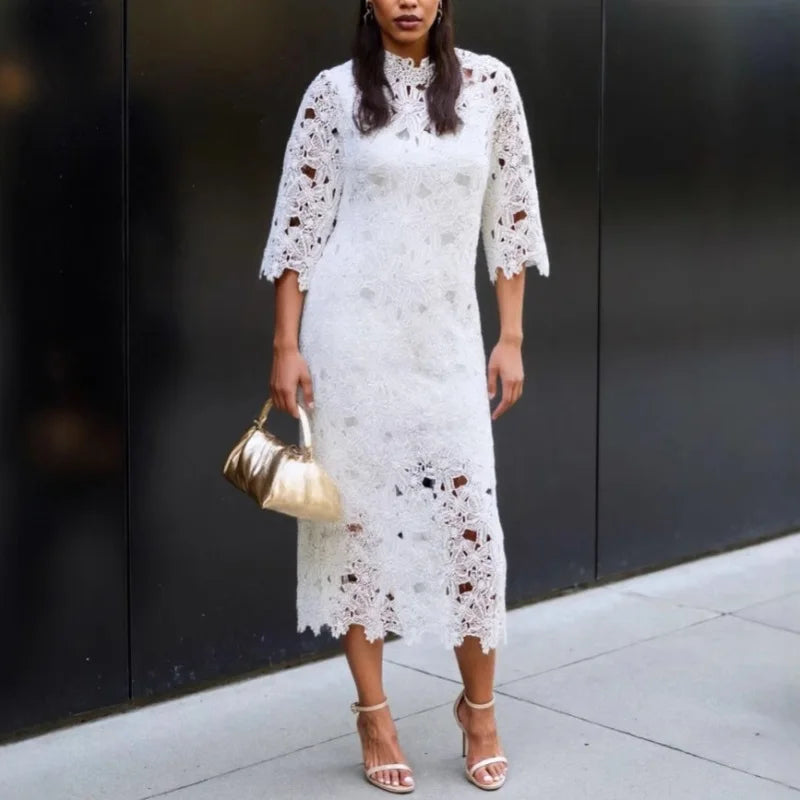 MQTIME  -  Water-Soluble Lace In Vogue Women's Skirt Suit Hollow Loose Top White Black Red Straight Long Party Skirt New Design In Stock