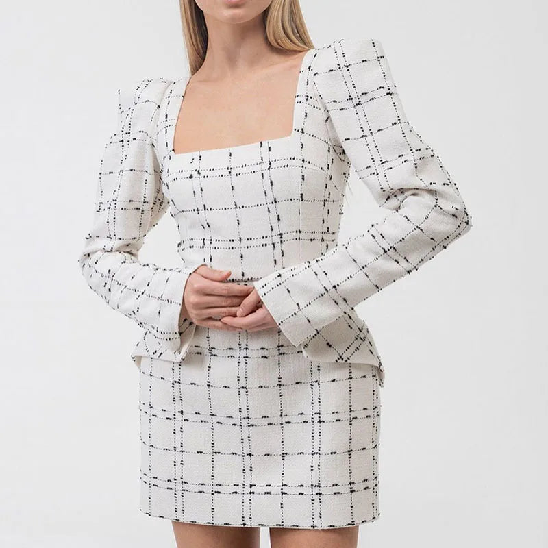 MQTIME  -  Tweed Plaid Elegant Long Sleeve Mini Dress Women Square Collar High Waist 2025 Autumn Casual Dresses Party Evening Lady Robe