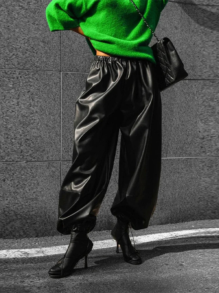 MQTIME  -  Fashion Women's Black High Waist Wide Leg PU Leather Pants Elastic Waist Pockets 2025 Autumn Winter Female High Street Outerwear