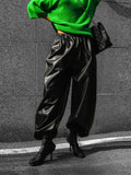 MQTIME  -  Fashion Women's Black High Waist Wide Leg PU Leather Pants Elastic Waist Pockets 2025 Autumn Winter Female High Street Outerwear
