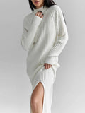 MQTIME  -  Ribbed Knitted Midi Dress Women Fashion High Neck Full Sleeve Side Slit Dresses 2025 Autumn Winter Female Daily Casual New Robe