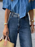 MQTIME  -  Women's Vintage Blue High Waist Jeans Autumn Full Length Urban Casual Straight Leg Denim Pants Trousers Bottoms