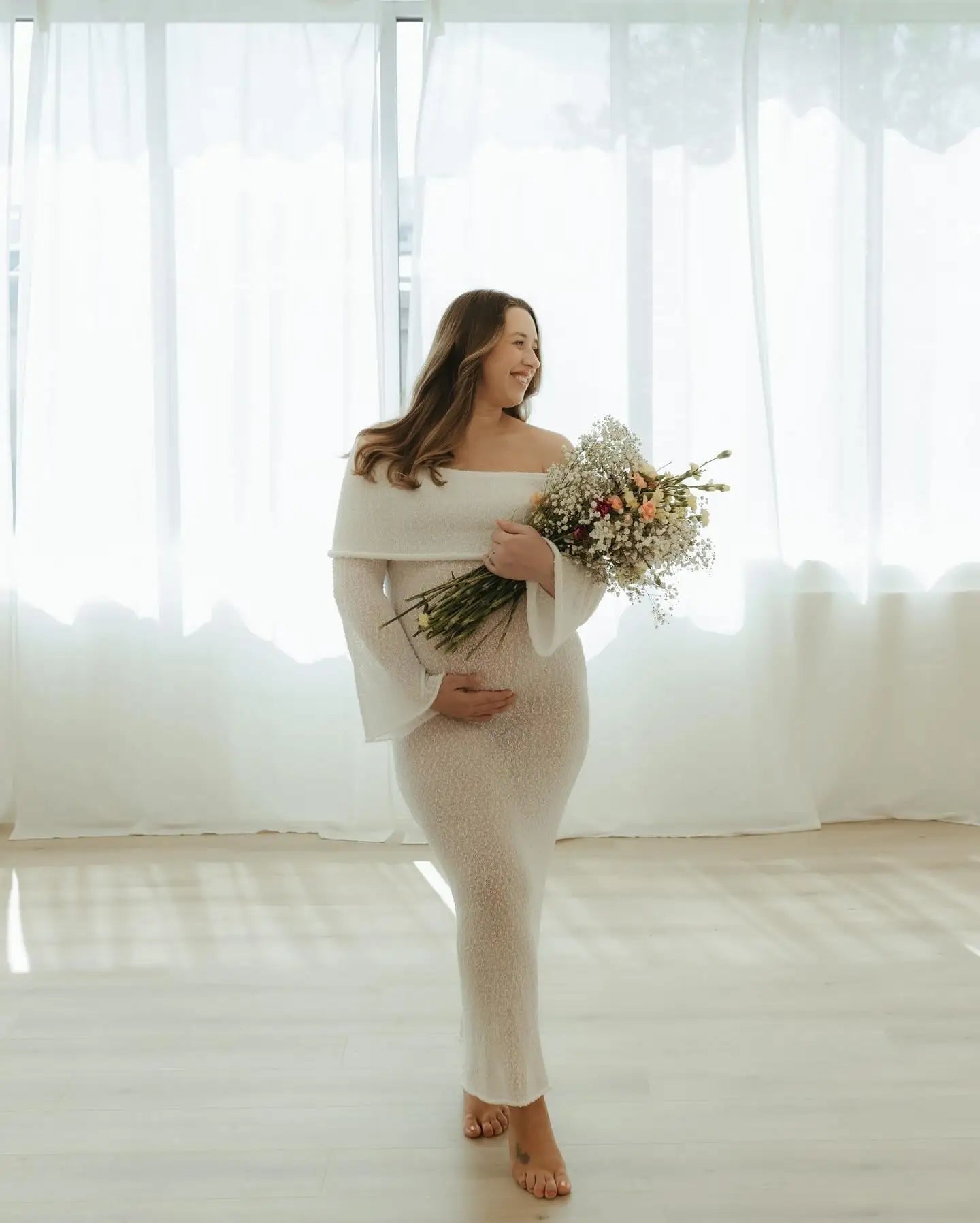 MQTIME  -   Maternity Photoshoot Dress Long Sleeve knit Off Shoulder Maxi Gown Pregnancy Pictures maternity dress photoshoot Baby Shower