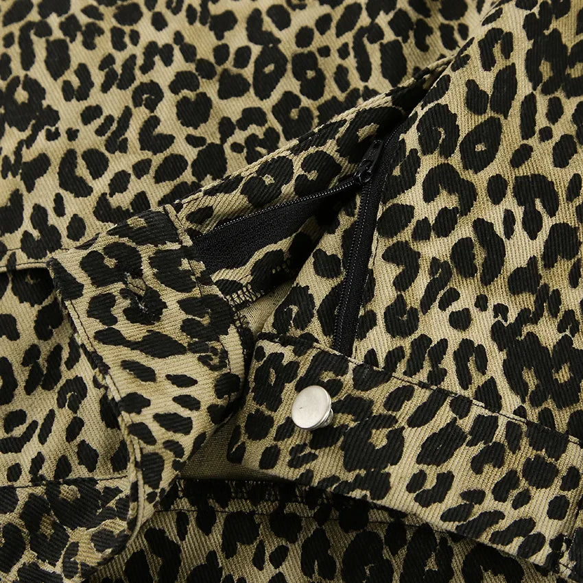 MQTIME  -  Women's Leopard Print High-Waisted Trousers - Button-Fly Wide Leg Pants with Belt Loops, Retro Fall Winter Street Style