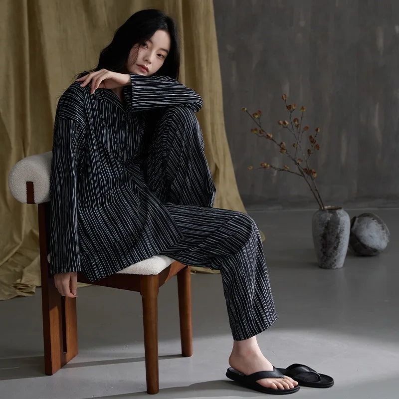 MQTIME  -  Women Spring Autumn and Winter Pure Cotton Long-sleeved Striped Lace Lapel High-end Light Luxury Loungewear Set Comfort