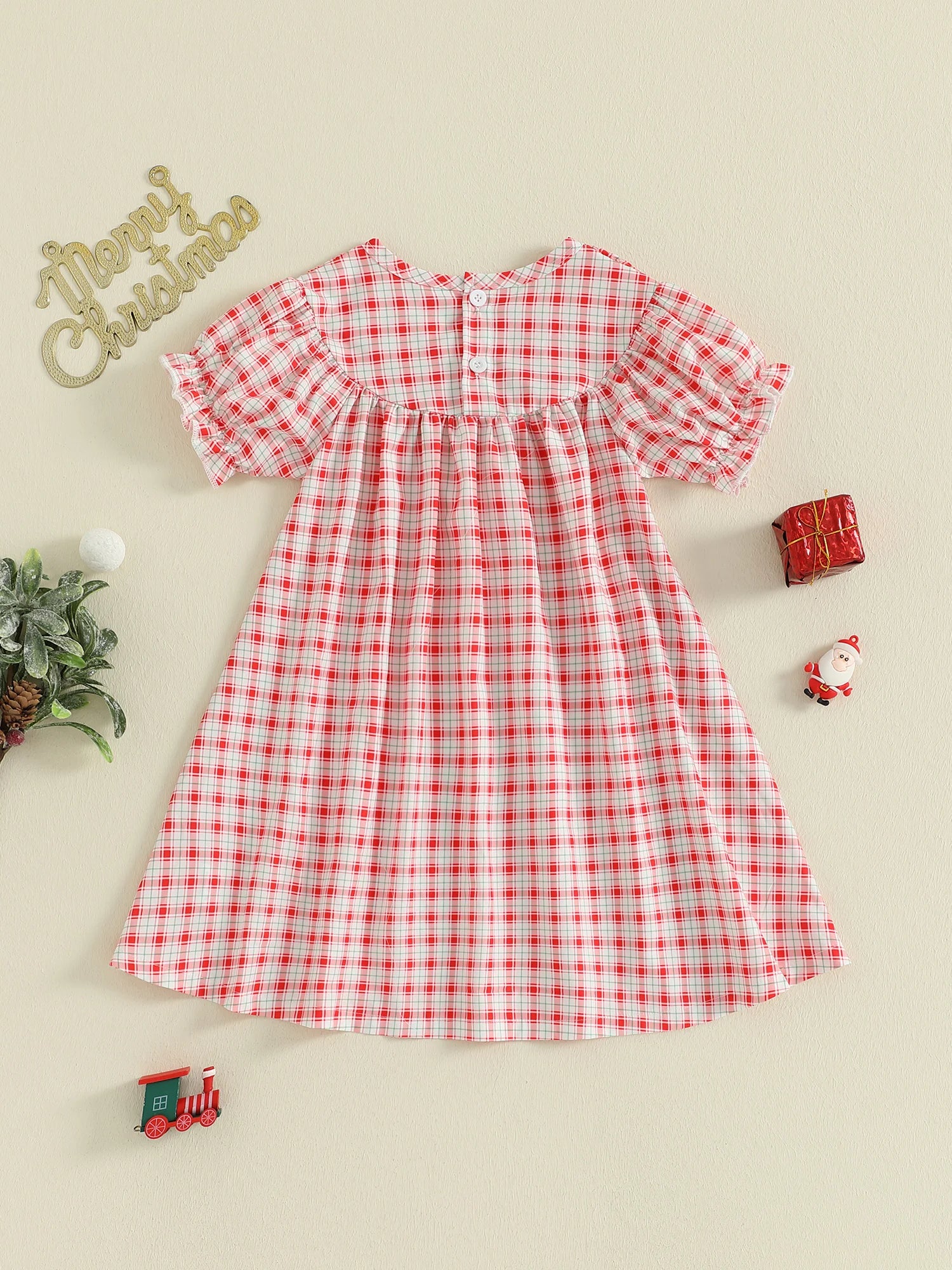 MQTIME  -  Girls Plaid A-line Dress with Short Sleeves and O Neck Featuring Santa Claus Embroidery for Christmas Festivities