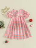 MQTIME  -  Girls Plaid A-line Dress with Short Sleeves and O Neck Featuring Santa Claus Embroidery for Christmas Festivities