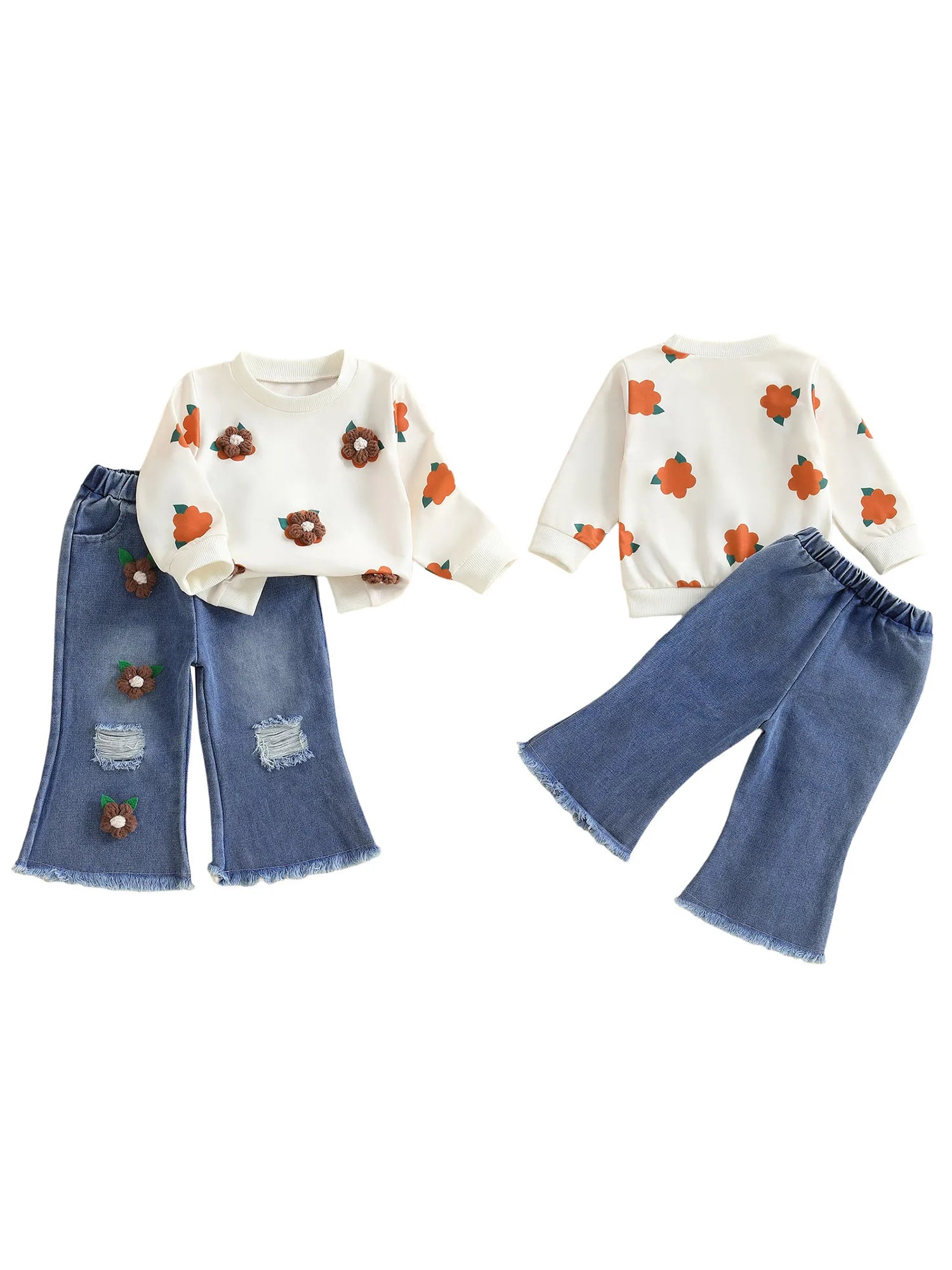 MQTIME  -  Girls Autumn Fashion Floral Print Hoodie and Distressed Denim Flare Pants Set for Toddlers