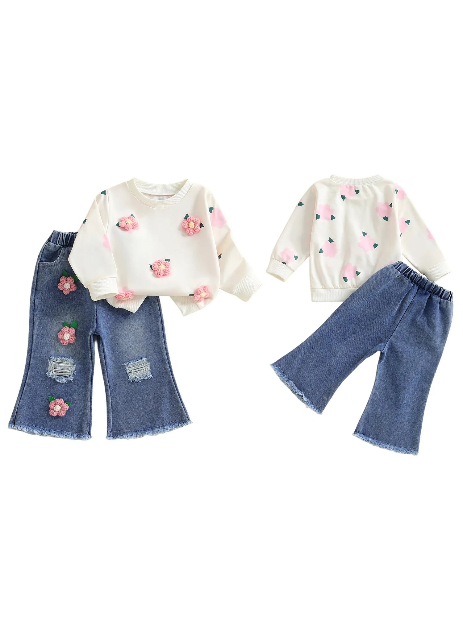 MQTIME  -  Girls Autumn Fashion Floral Print Hoodie and Distressed Denim Flare Pants Set for Toddlers