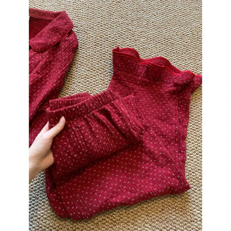 MQTIME  -  French Retro Red Floral Pajamas Women's Spring and Autumn Festive Loungewear Two-piece Set Comfortable Breathable Skin-friendly