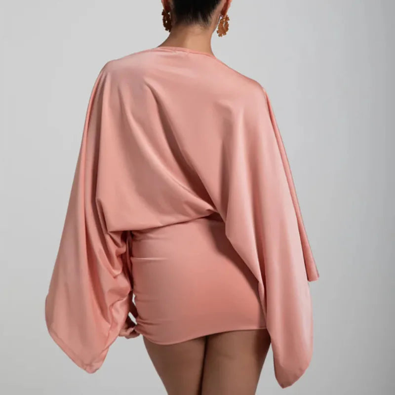 MQTIME  -   Sexy Deep V-neck Hollow Slim Hip Dresses Woman Spring Solid Elegant Commute Lady Dress Autumn Long Sleeve Satin Mini Dress Mujer