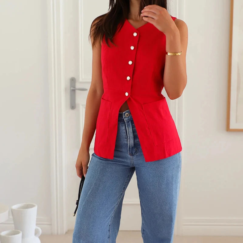 MQTIME  -  Summer Solid Color Sleeveless Vest Office Lady Single Breasted O Neck Open Front Short Tops Leisure Simple Women Pocket Tank Top