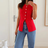 MQTIME  -  Summer Solid Color Sleeveless Vest Office Lady Single Breasted O Neck Open Front Short Tops Leisure Simple Women Pocket Tank Top