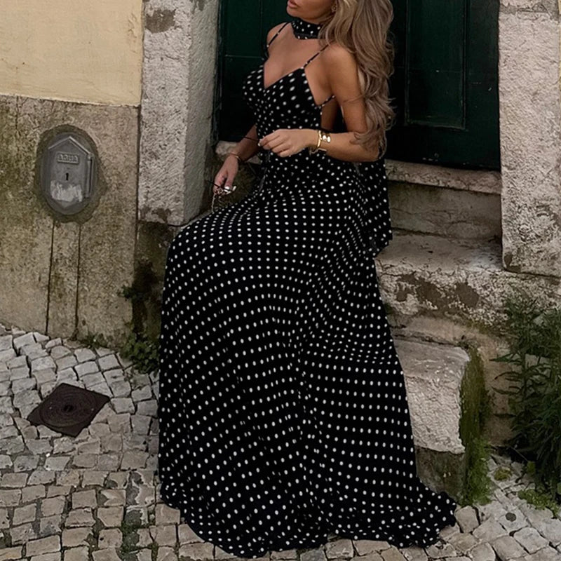 MQTIME  -  Women's French Style Polka Dot Printing Sexy V-neck Camisole Backless Loose Dress Sleeveless Summer Party Gowns