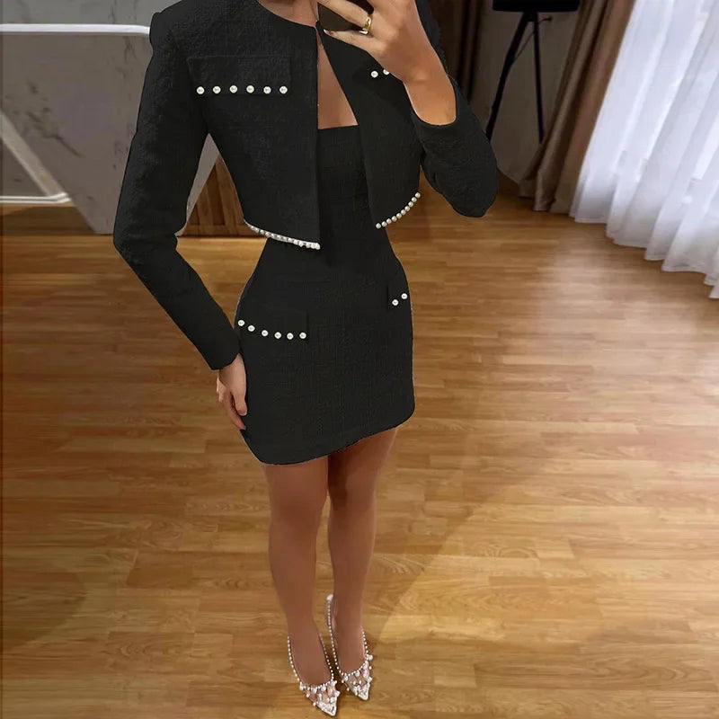 MQTIME  -  Y2k Pearl Dress Sets Women Autumn Long Sleeve Coat And Mini Dress Two Piece Sets Femme Sexy Strapless Dress Matching Sets