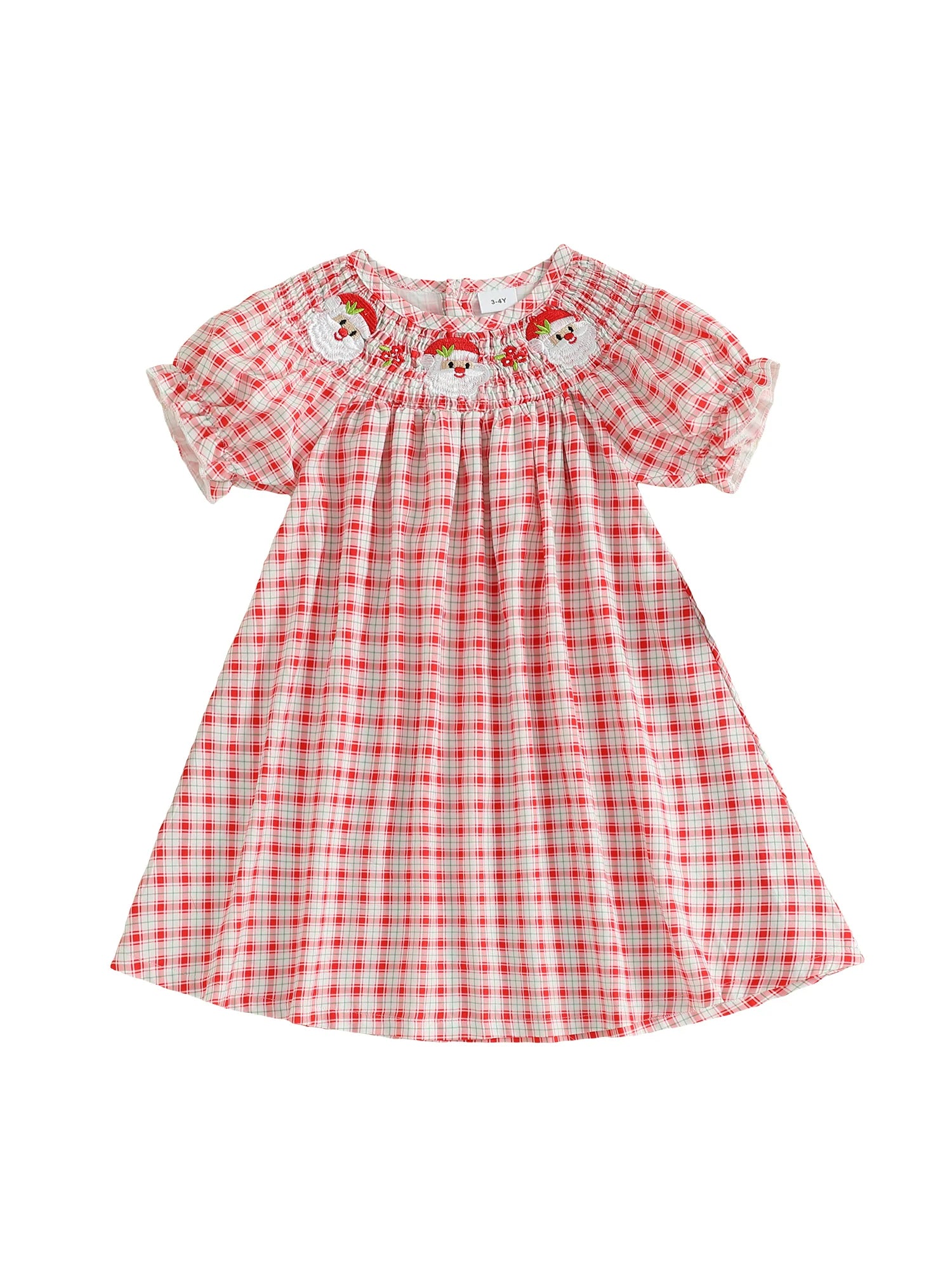 MQTIME  -  Girls Plaid A-line Dress with Short Sleeves and O Neck Featuring Santa Claus Embroidery for Christmas Festivities