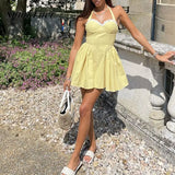 MQTIME  -  Women Sexy Yellow Hollow Out Small Dress Halter High Waist Club Party Pleated Dress Elegant Lace Edge Sleeveless A-line Dresses