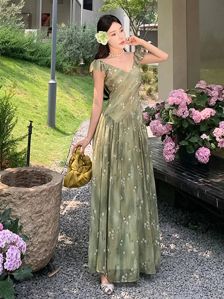 MQTIME  -   Floral Flying Sleeve Chiffon Dress Women French Summer Beach V Neck Sexy Long Dress Casual Fashion Vacation Elegant Simple Dress