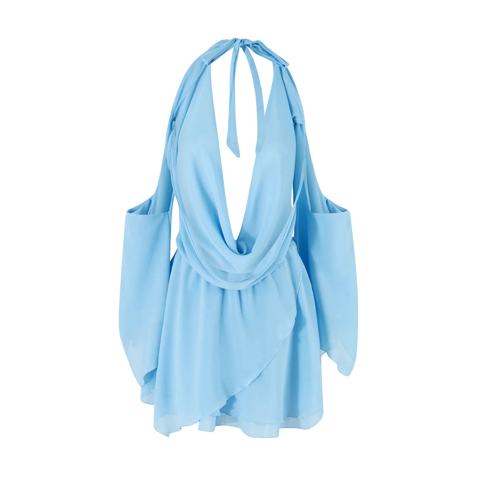 MQTIME  -  Summer Womens Sexy Solid Color Tie Up Hanging V-Neck Cold Shoulder Flare Long Sleeve Backless Short Mini Ruffle Dress