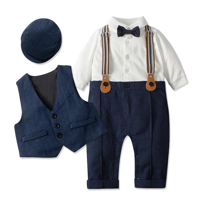 MQTIME  -  Baby Boy Formal Suit  Party Birthday Wedding Toddler Boys Outfit  Jumpsuit+Waistcoat+Beret+Bowtie+Suspender 0-3 Months