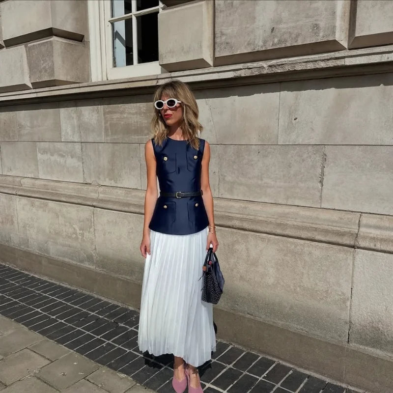 MQTIME  -  Casual Patchwork Pleated Dress Women Office Sashes O-neck Sleeveless Button Dresses Female 2025 Summer Fall Evening Robes Lady