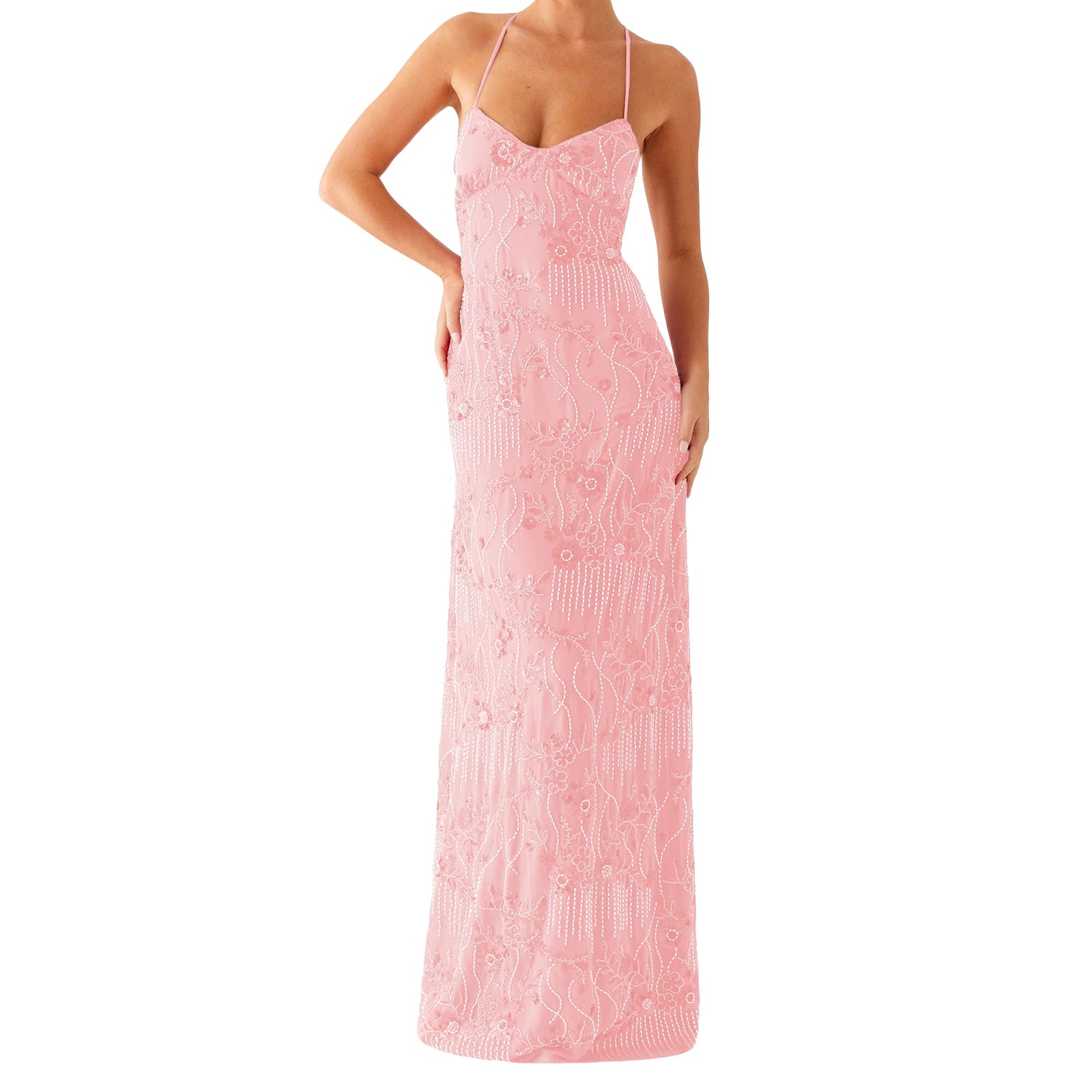 MQTIME  -  Women Beading Sequins Flower Embroidery Sleeveless Summer Cross Tied Backless Spaghetti Strap A-line Cami Long Dress