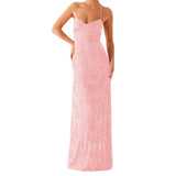 MQTIME  -  Women Beading Sequins Flower Embroidery Sleeveless Summer Cross Tied Backless Spaghetti Strap A-line Cami Long Dress