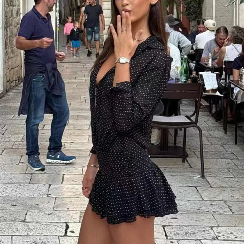 MQTIME  -  New Fashionable Polo Collar Patchwork Dot Mini Dress For Women Patchwork See-Through Elegant Party Dress Women's Autumn Dress