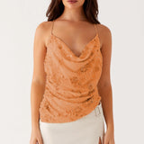 MQTIME  -  Women Summer Flower Embellished Sequin Beading Camisole Top Cowl Neck Thin Straps Open Back Asymmetrical Hem Vest