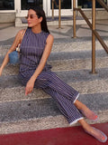 MQTIME  -  Women's Casual Stripe Jumpsuit O-neck Sleeveles High Waist Wide Leg Trousers Bodysuit Female Summer Fashion Lady Rompers